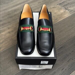 Gucci Men's Black Leather Loafers Horsebit with web